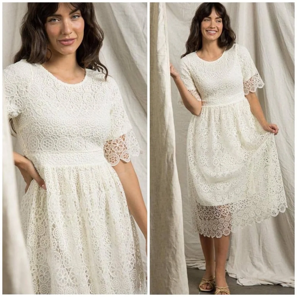 LAST 1❗️POLAGRAM White Embroidery Crochet Midi Dress - Picture 4 of 14